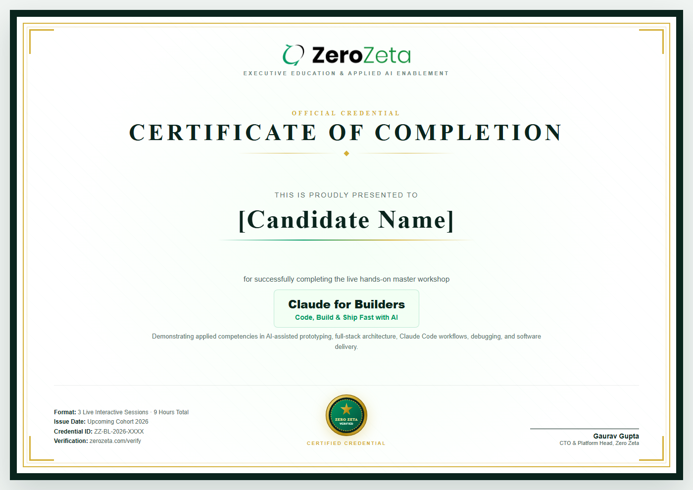 Zero Zeta Certificate of Completion - Claude for Builders