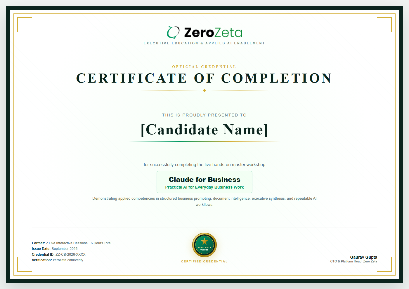 Zero Zeta Certificate of Completion - Claude for Business