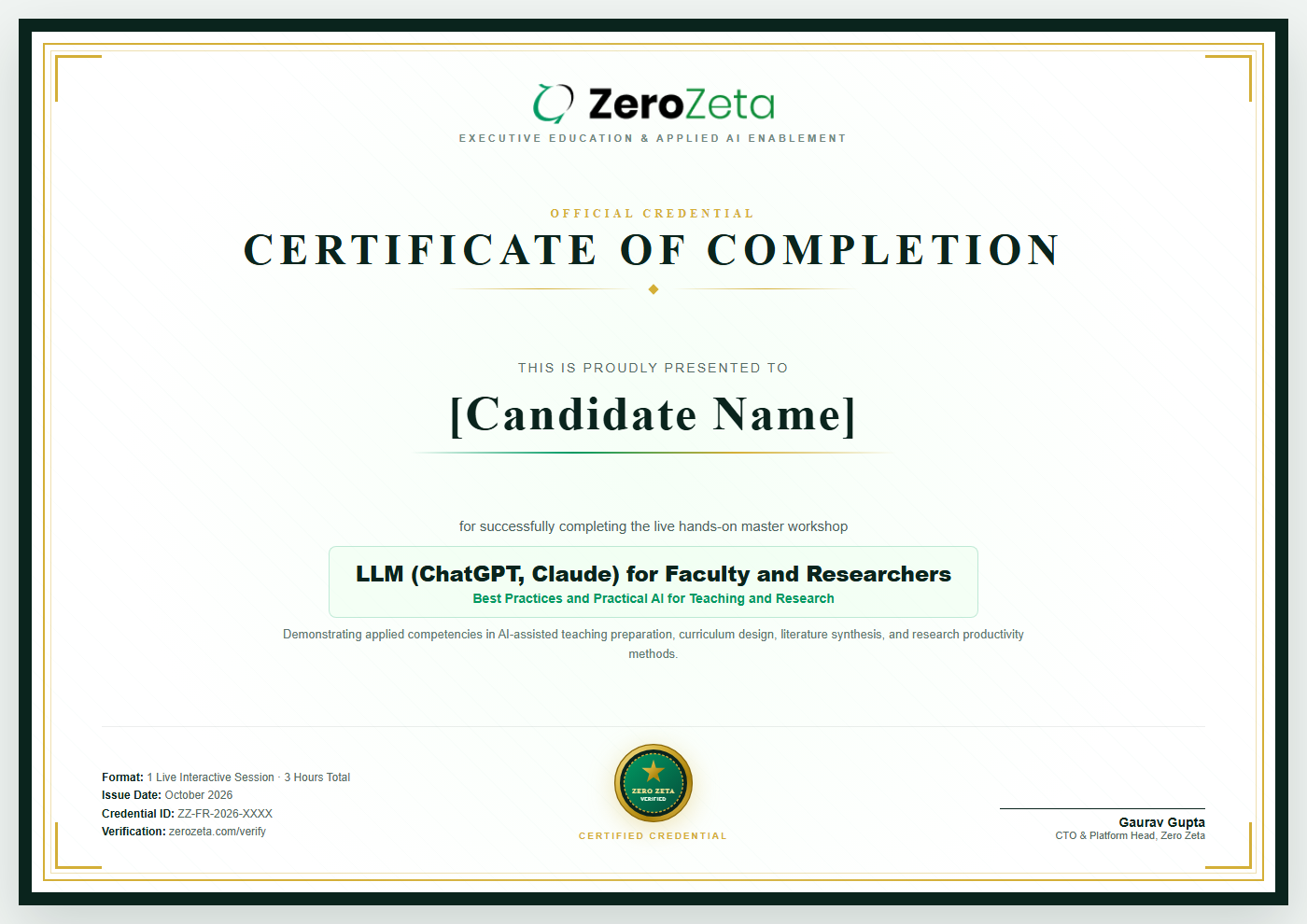 Zero Zeta Certificate of Completion - LLM for Faculty and Researchers
