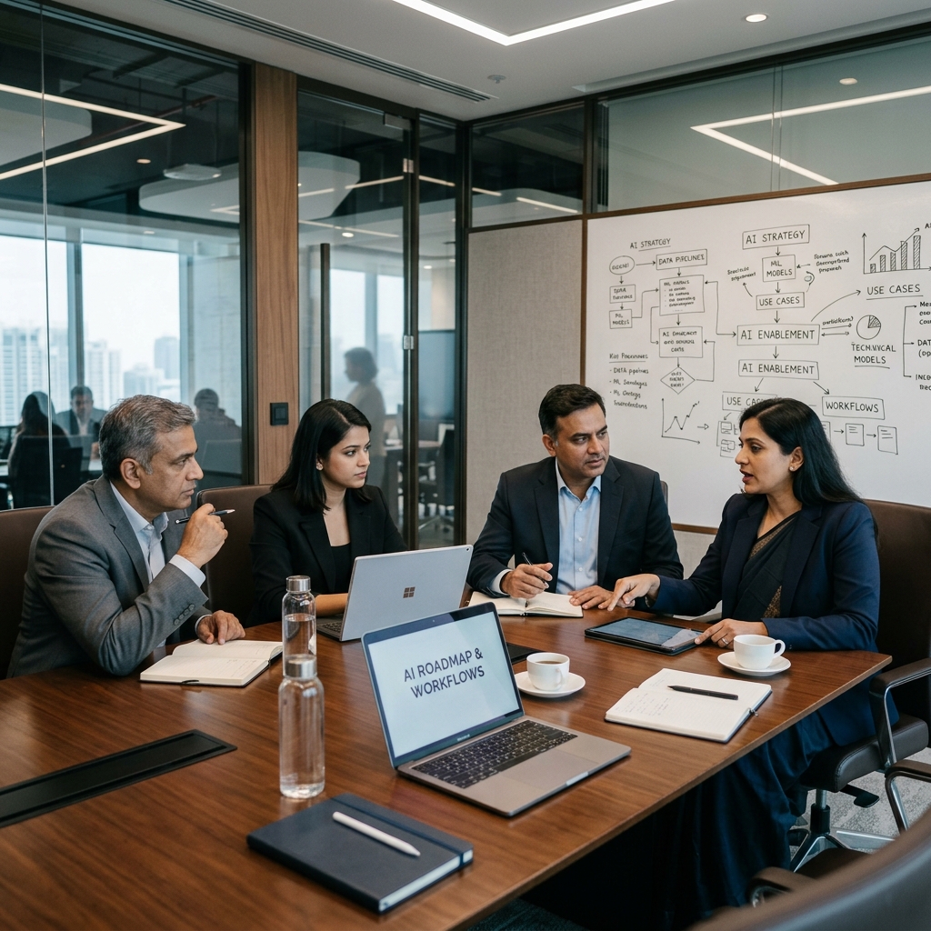 Indian business leaders collaborating during a strategic AI enablement workshop