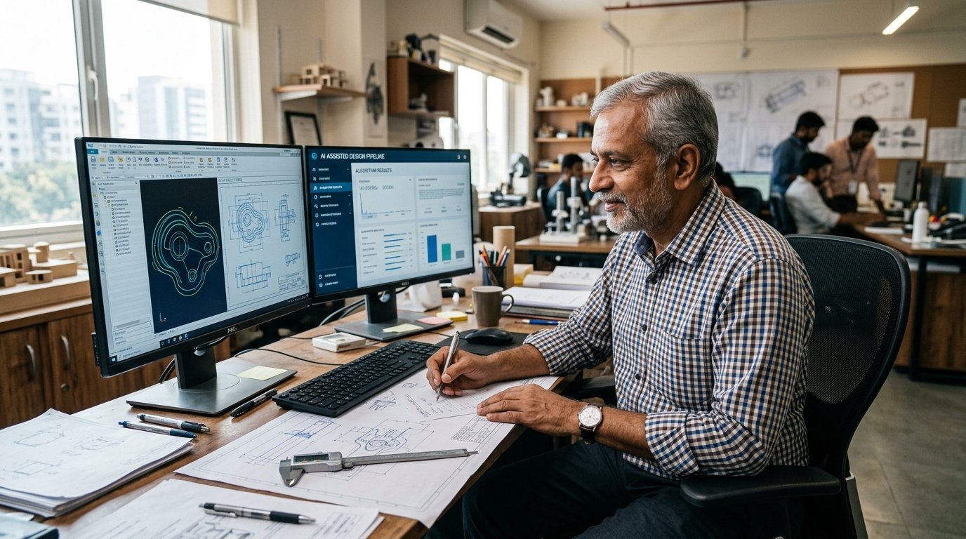 Senior Indian product design engineer and mechanical architect analyzing complex 2D technical drawings and AI-assisted design pipeline in modern Pune engineering facility
