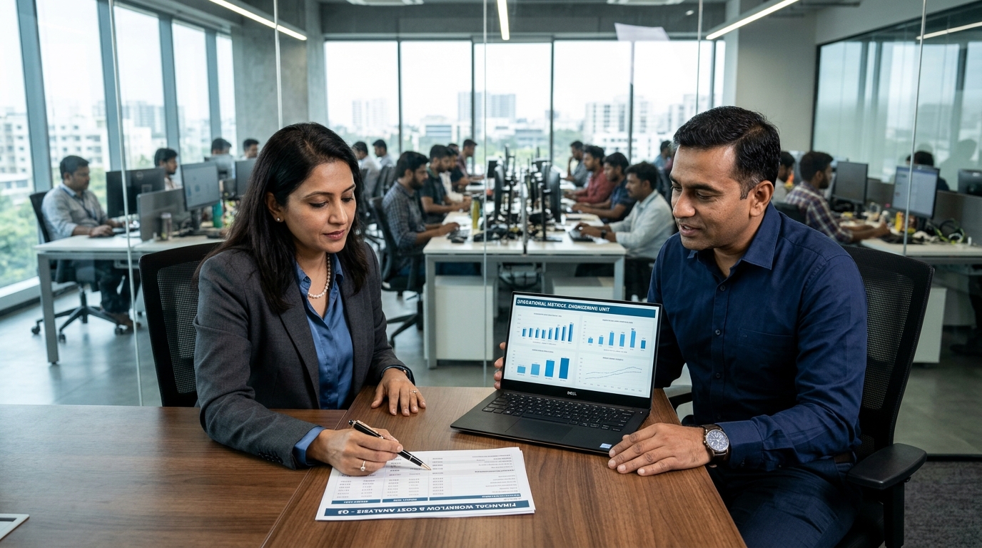Indian CFO and engineering director reviewing predictable monthly task-economics budgets and workflow ROI