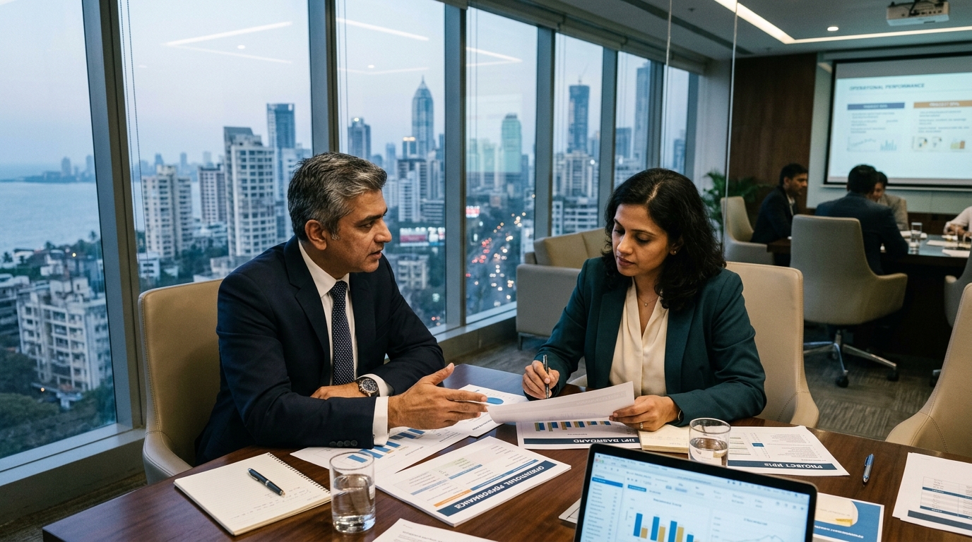 Indian enterprise leadership team analyzing operational performance and KPIs in an executive boardroom meeting