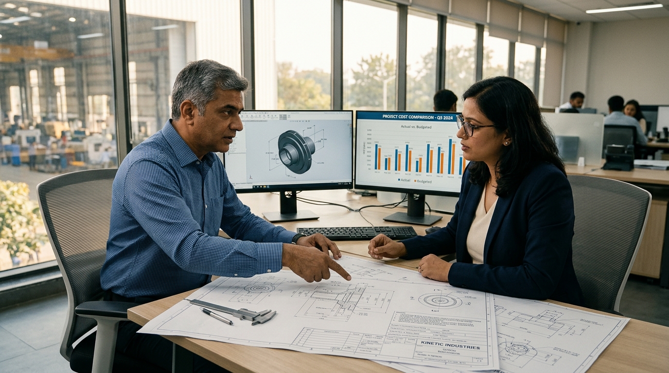 Indian Head of Engineering and Chief Financial Officer reviewing 2D mechanical blueprints alongside a 3D CAD workstation and unit-economics cost breakdown