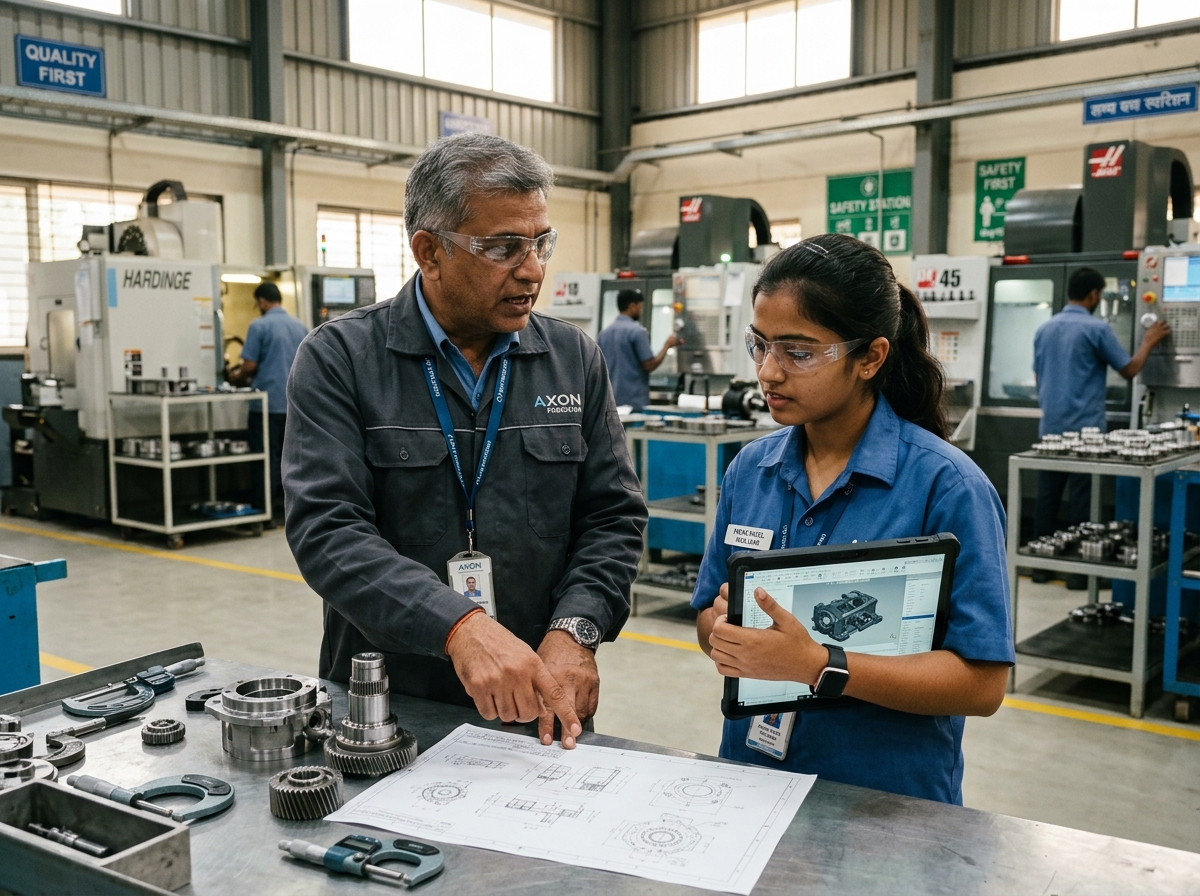 Indian manufacturing tech lead and senior engineer reviewing precision components and engineering schematics on modern factory shop floor