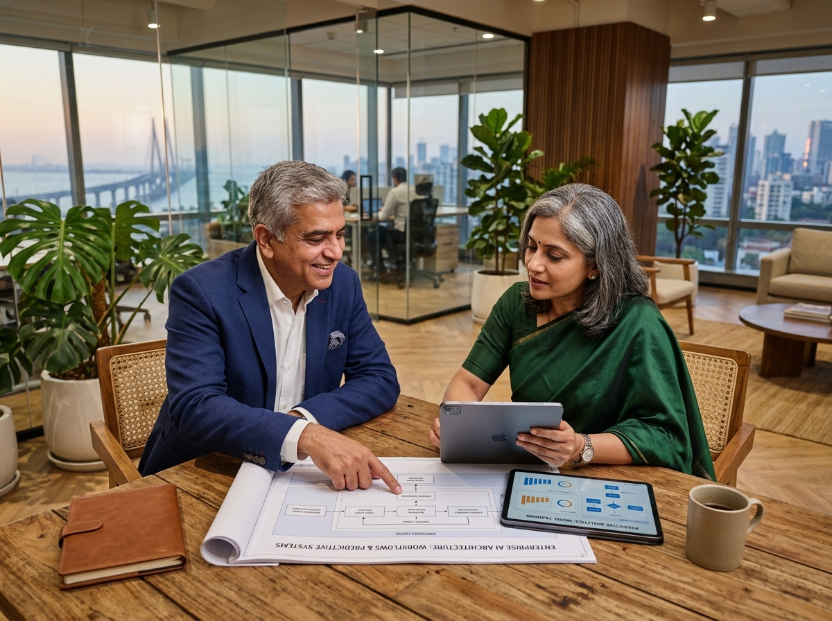 Senior Indian enterprise leaders in an executive AI architectural briefing with Zero Zeta advisors