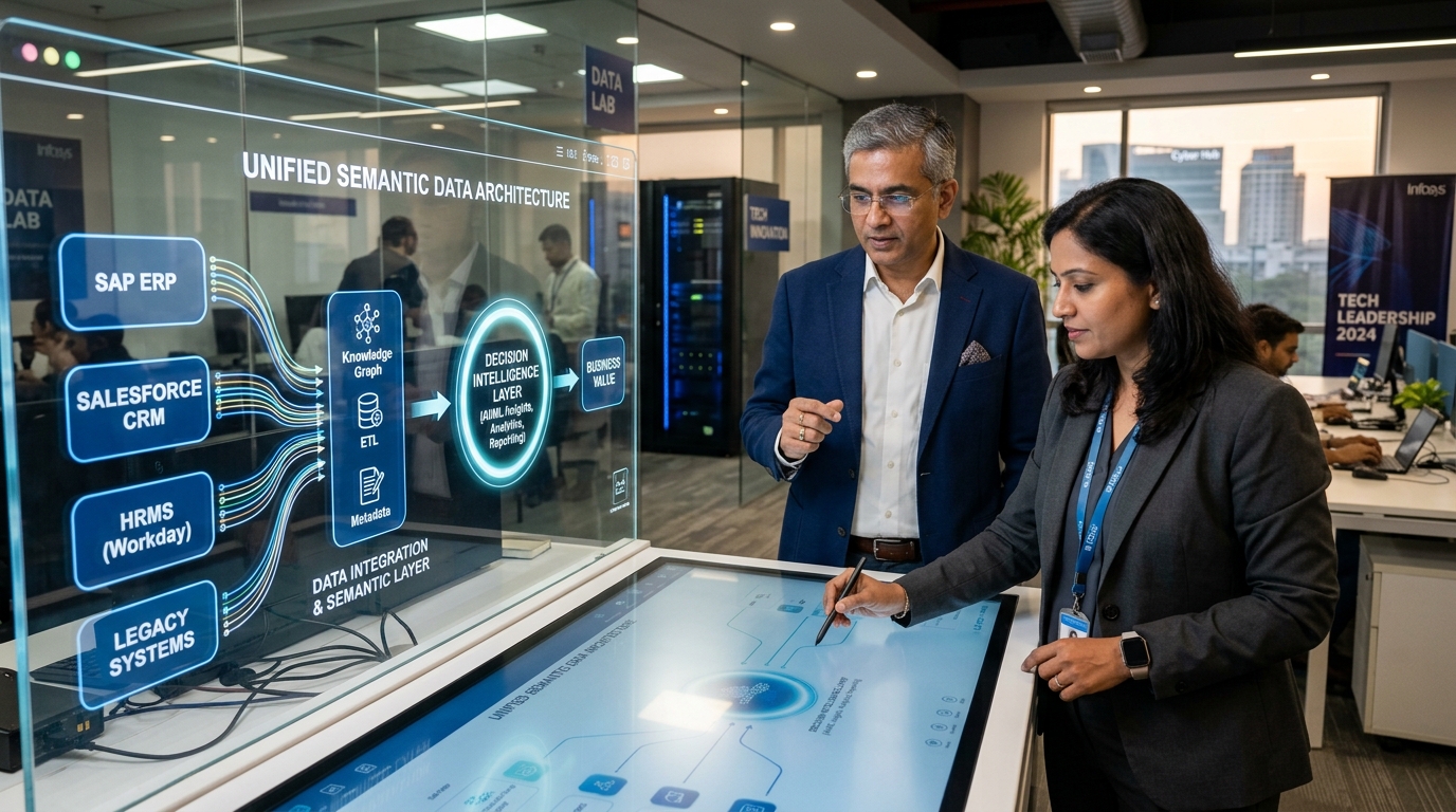 Indian Chief Information Officer and enterprise systems architect evaluating the unified semantic data architecture connecting SAP ERP, Salesforce CRM, and HRMS