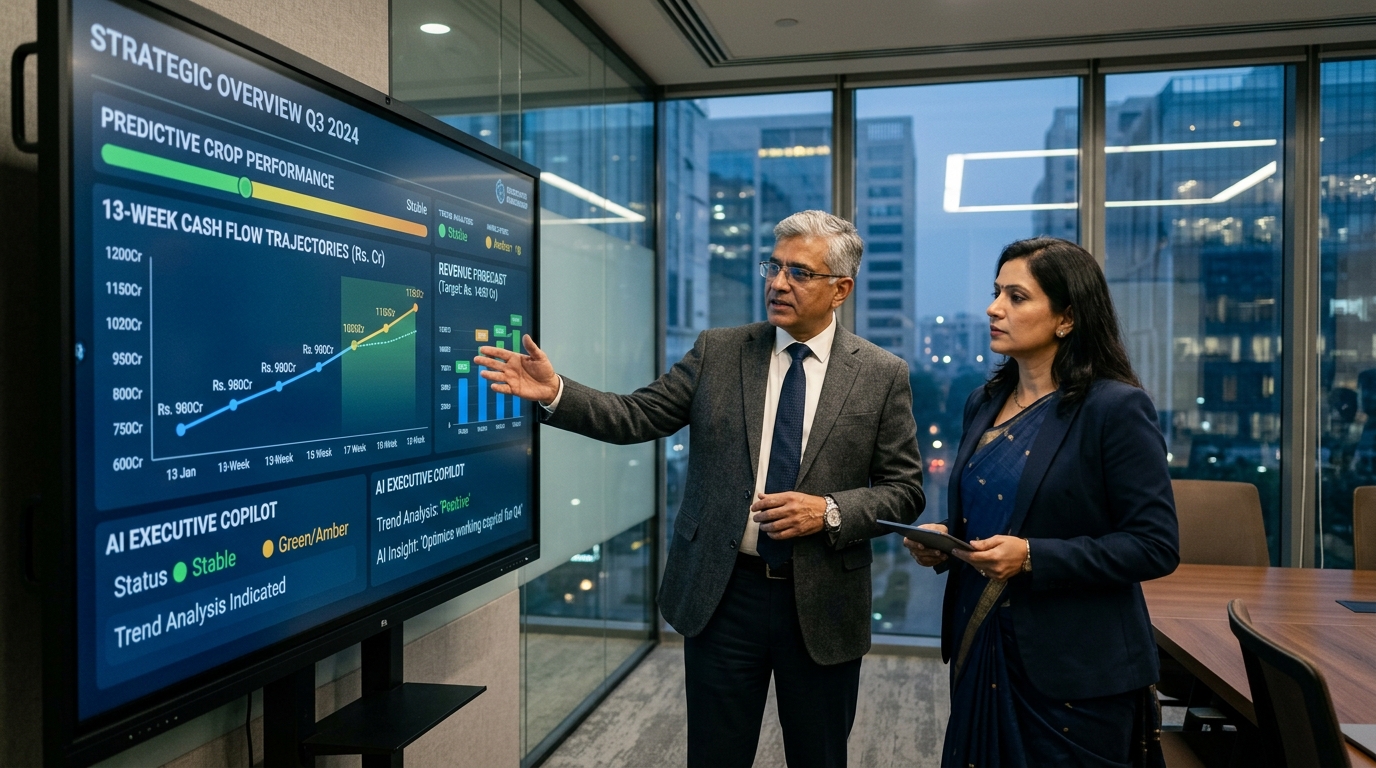 Indian enterprise C-suite leaders reviewing predictive analytics on an executive decision intelligence cockpit in a corporate boardroom