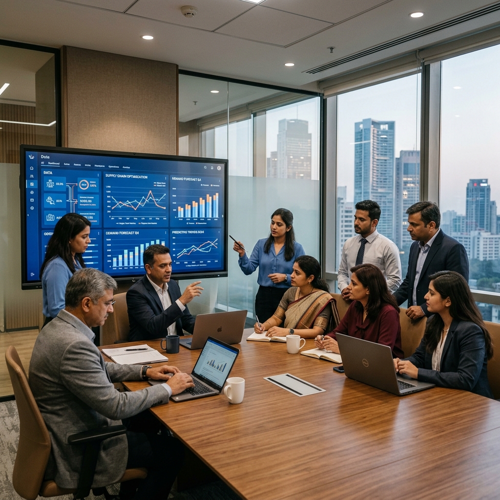 Indian enterprise leaders and operations managers collaborating during an AI strategy session