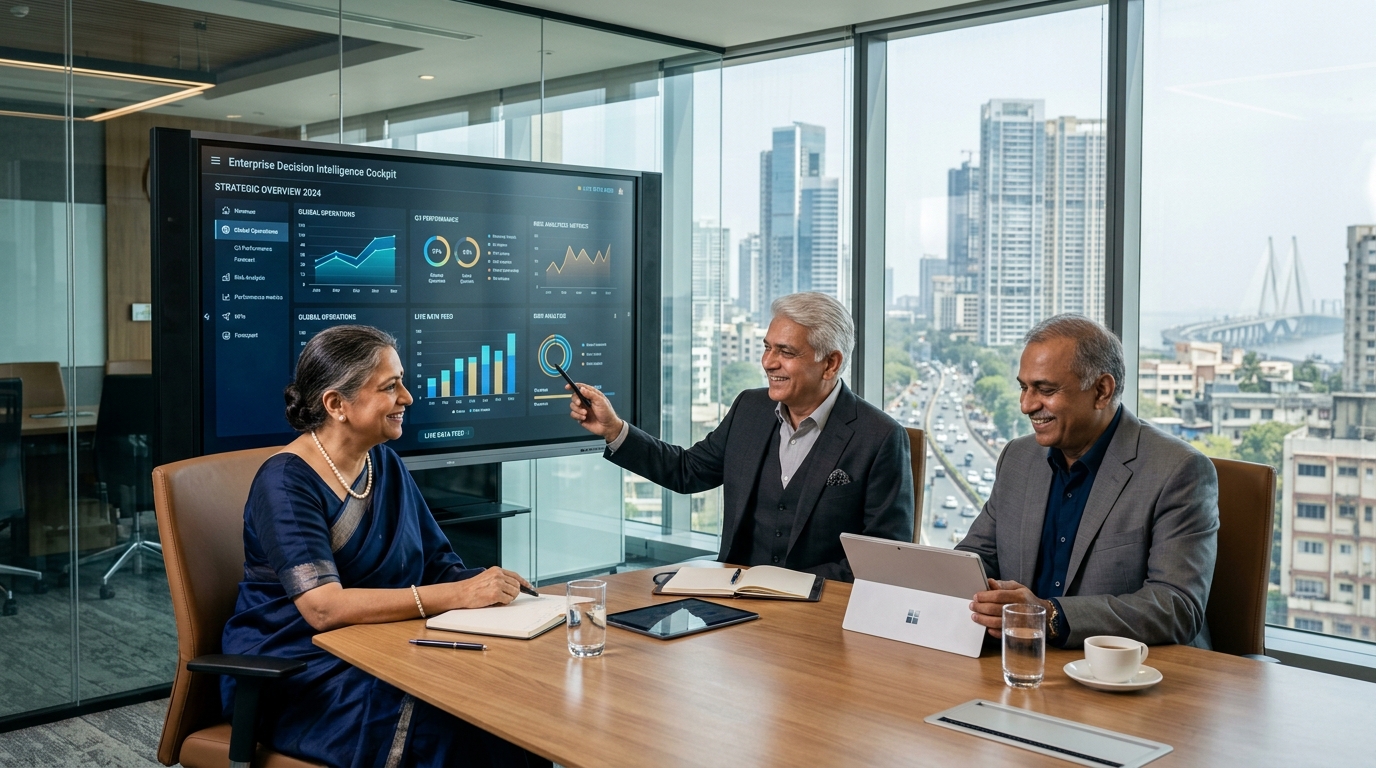 Senior Indian enterprise executives reviewing predictive metrics in an executive decision intelligence cockpit