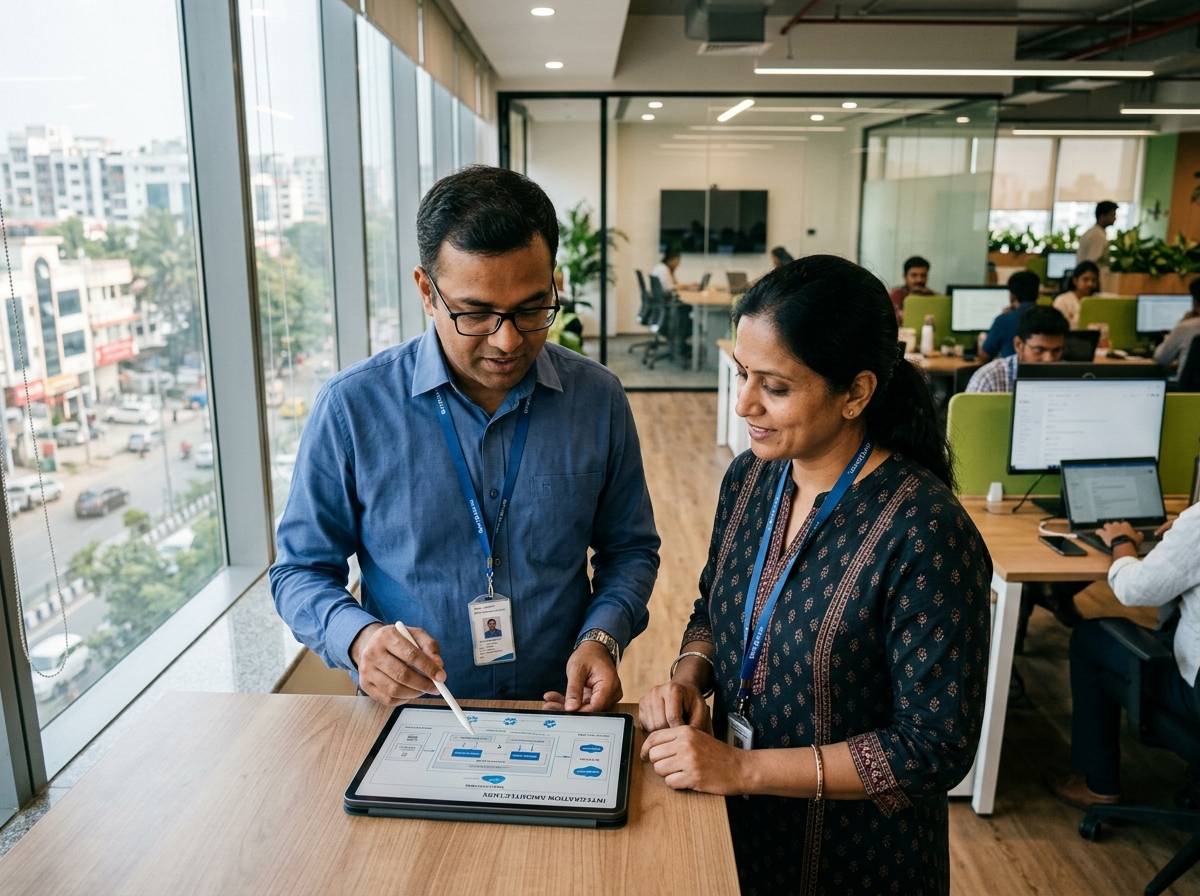 Indian enterprise systems architect and tech lead reviewing integration architecture in Bengaluru office