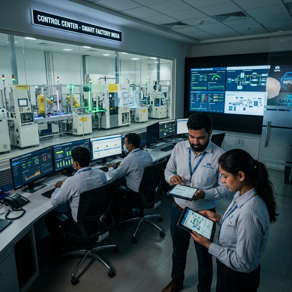 Indian engineers monitoring operations on tablets in a modern manufacturing plant control room