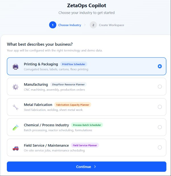 ZetaOps Copilot Industry Selection Screen
